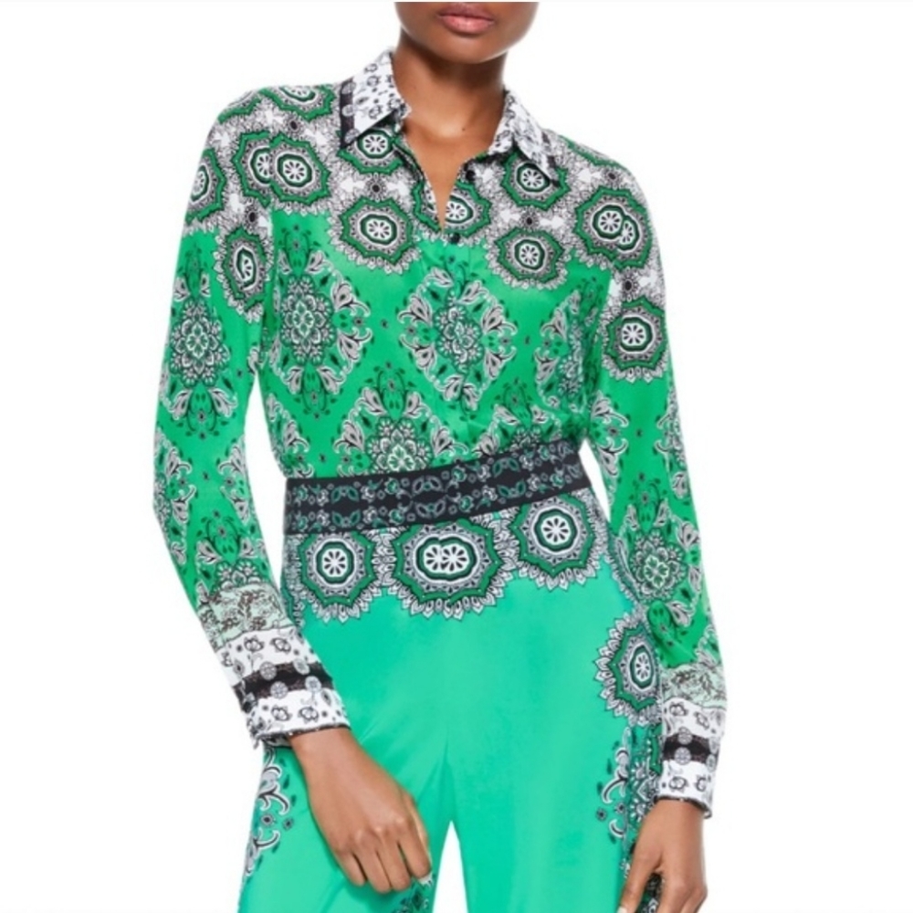 Alice + Olivia Silk Willa Boho Print Shirt Green Medium